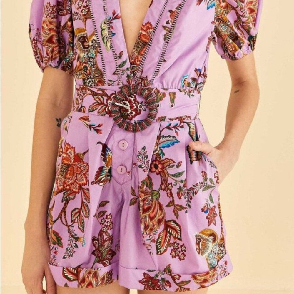 Farm Rio lilac floral monkey short sleeve romper.